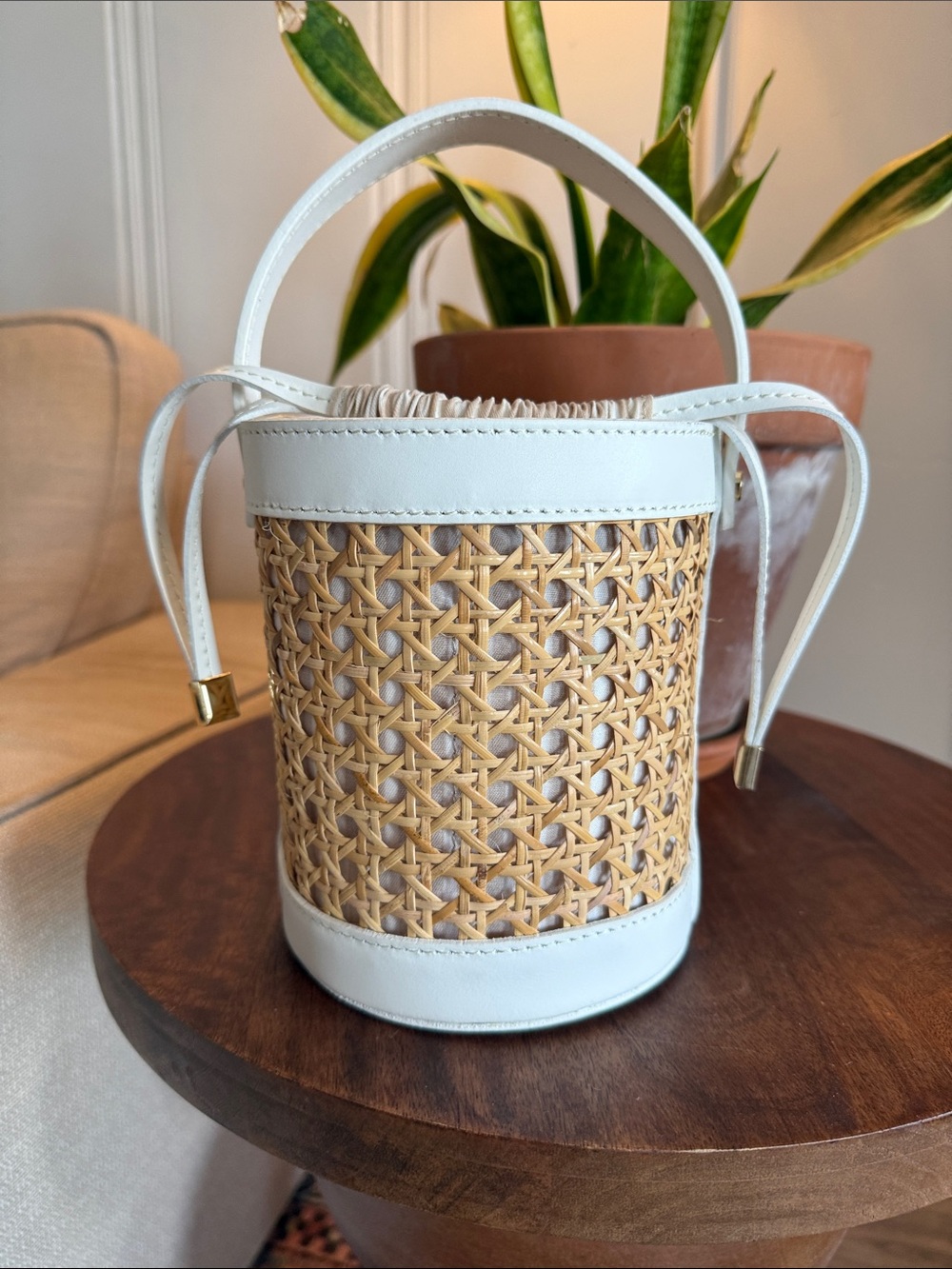 Genuine Leather Woven Raffia Bucket Bag with White Leather Trim made in Italy
